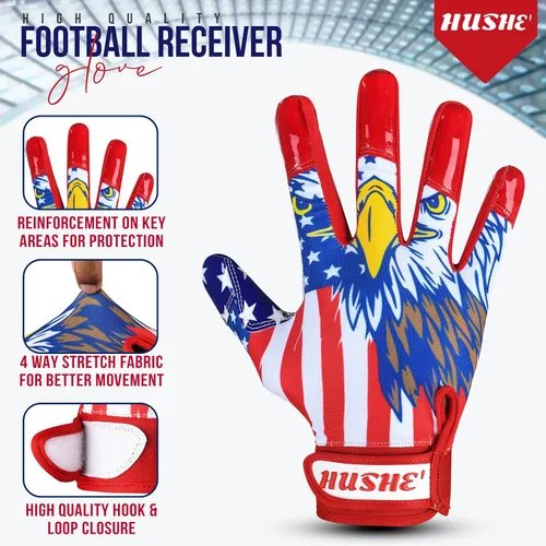Miniatura 3 de Hushe' Guantes de fútbol con bandera americana de silicona con agarre para jóvenes, guantes receptores de fútbol con bandera de EE. UU. Guantes