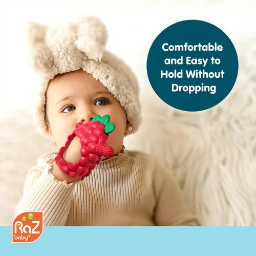 Miniatura 6 de RaZbaby RaZberry - Mordedor de silicona con agarre para bebés de 3M+ Mordedor de mano resistente a caídas para bebés y lactantes - Diseñado por