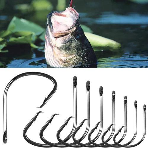 Miniatura 5 de Ganchos circulares de pesca de acero de alto carbono compensados para bagre, anzuelos de pesca para trucha lubina, agua dulce y salada
