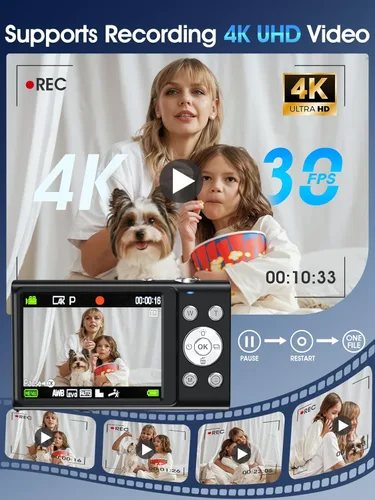 Miniatura 3 de Cámara digital, cámara de videoblogs 4K con enfoque automático para fotografía con tarjeta de 32 GB, cámara digital compacta portátil de 48 Negro
