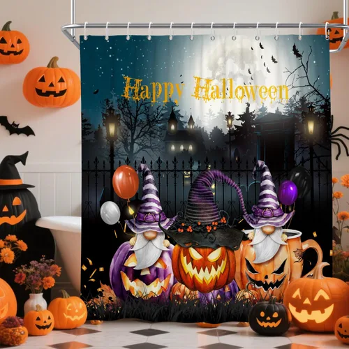 Miniatura 3 de Cortina de ducha de Halloween, calabazas aterradoras, cortinas de ducha para baño, noche de luna espeluznante, cortina de baño, casa cazada