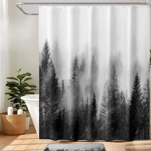 Miniatura 10 de ORTIGIA 36x72 Cortina de ducha de bosque nebuloso para baño pequeño, cortina de ducha estrecha de naturaleza y bosque en blanco y negro con ganchos