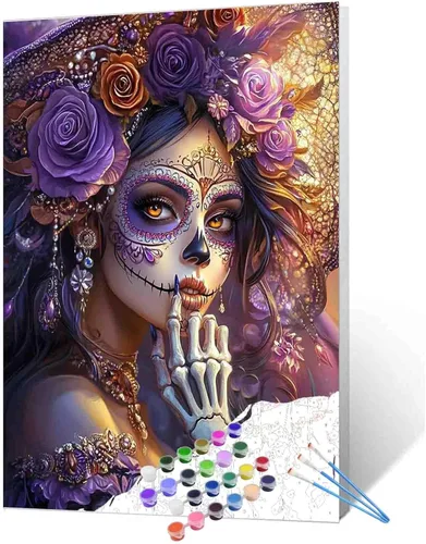 Miniatura 12 de Pintura por números para parejas tomadas de la mano, para adultos, principiantes, Día de los Muertos, Esqueleto, Pintura por números sobre lienzo