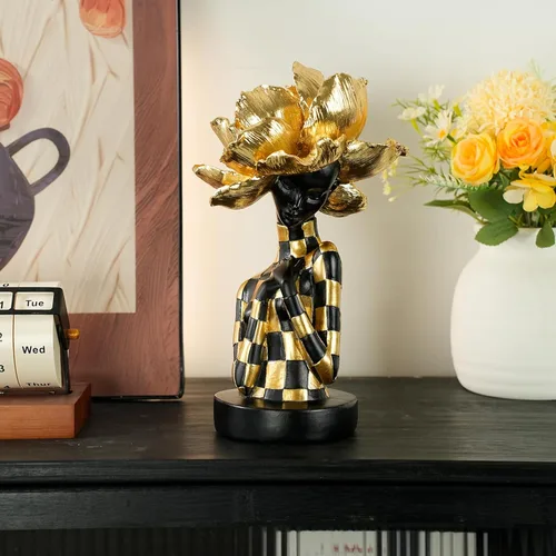Miniatura 7 de Lescafita Escultura de mujer africana con tocado de flor dorada, figura de resina negra y dorada para decoración del hogar, elegante estatua de dama