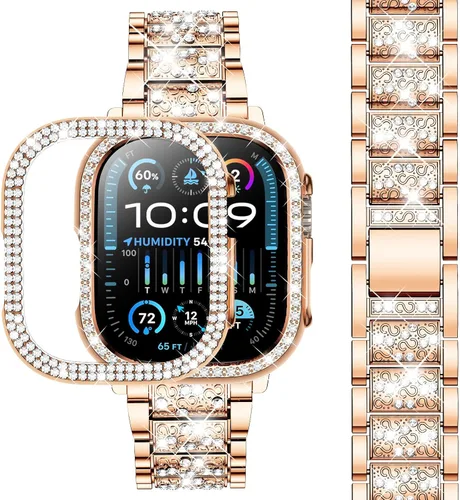 Miniatura 22 de SUPOIX - Correa compatible con Apple Watch de 1.49 pulgadas + funda, joyería para mujer con diamantes brillantes, bandas de metal y 2