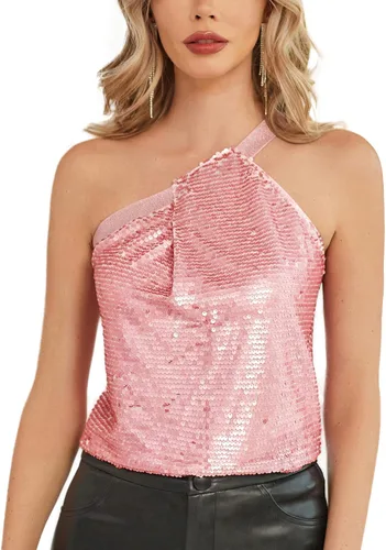 GRACE KARIN Camiseta sin mangas con lentejuelas y un hombro para mujer, con purpurina brillante, camisola para salir y fiesta