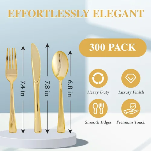 Miniatura 4 de FOCUSLINE Juego de cubiertos de plástico dorado de 300 unidades, 100 tenedores, 100 cuchillos, 100 cucharas, juego de cubiertos de plástico