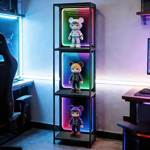 FUSLITE Armario de almacenamiento de 3 niveles con luz LED de espejo infinito, vitrina RGBW con temperatura de color ajustable para dormitorio,