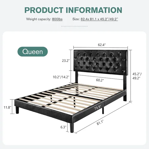 Miniatura 2 de IMUsee Base de cama tapizada de piel sintética tamaño Queen con cabecera capitoné con botón ajustable, listones de madera y soporte de rieles