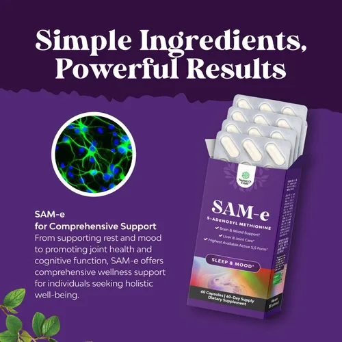 Miniatura 4 de Sam-E - Suplemento de apoyo al estado de ánimo de 200 mg - S-adenosil metionina Sam-E Suplemento para relajación natural para estimular el estado