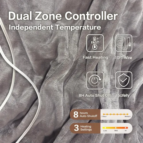 Miniatura 3 de Tefici Manta eléctrica tamaño Queen con doble control, manta eléctrica de franela suave tamaño Queen, calentamiento rápido con 3 niveles de calor