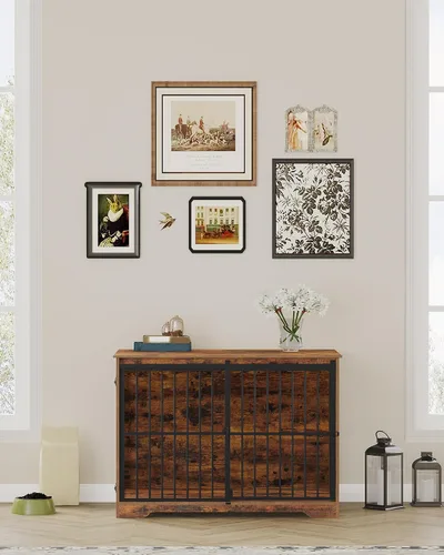 Miniatura 7 de Hzuaneri XL Jaula Grande para Perros, Mueble de Perrera de Interior de 44.1" con Puerta de Granero, Jaula Alta de Madera para Perros, Jaula Marrón