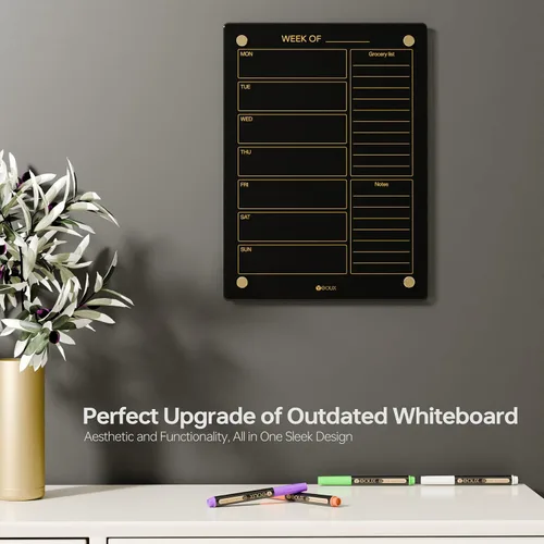 Miniatura 2 de Calendario semanal de borrado en seco dorado de cristal negro y pizarra blanca de menú para pared, planificación de comidas y lista de compras