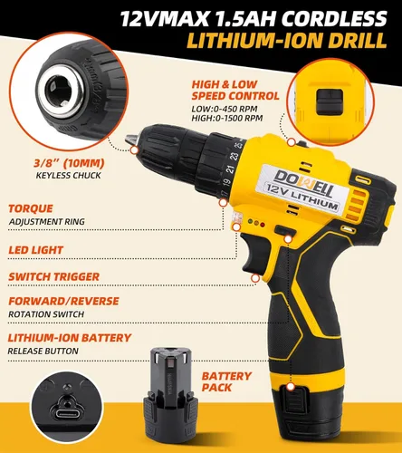 Miniatura 3 de DOWELL Kit de herramientas de 147 piezas con taladro inalámbrico de 12 V con portabrocas sin llave de 3/8 pulgadas para el hogar, hombres, LED