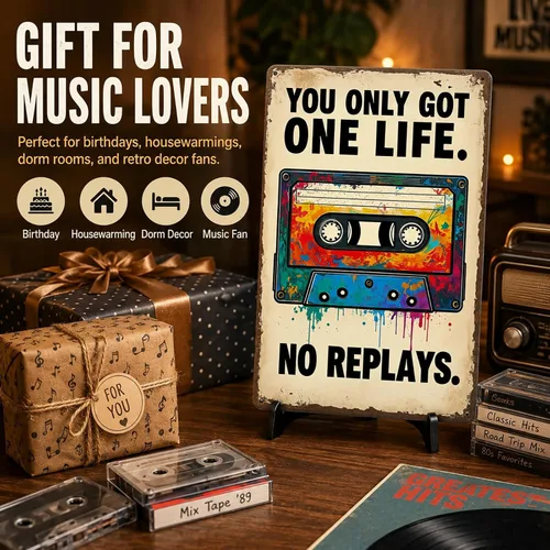 Miniatura 7 de Funnysign Gran regalo para fanáticos de la música, You Only Got One Life No Replays - Cartel de lata de música vintage para dormitorio, estudio, 8 x