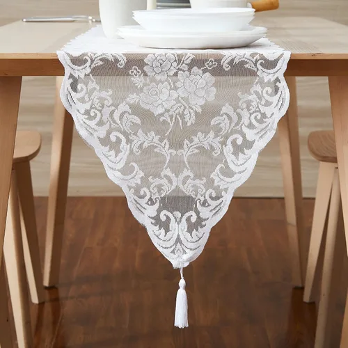 Miniatura 2 de ASATEX Camino de mesa de encaje blanco de 14 x 36 pulgadas con 2 borlas. El patrón floral clásico y elegante es la opción ideal para cualquier