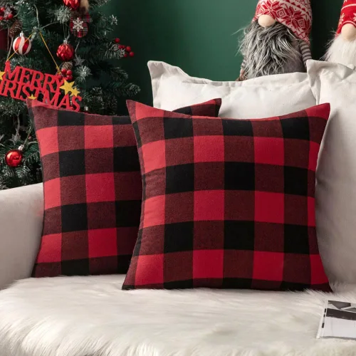 Miniatura 22 de MIULEE - Paquete de 2 fundas de almohada decorativas clásicas de Navidad de lino y poliéster a cuadros de granja, color negro sólido y rojo