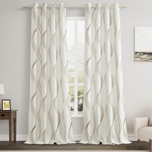 Miniatura 19 de Joywell Cortinas jacquard con ojales para sala de estar, 108 pulgadas de largo, línea ondulada negra con patrón de puntos, cortinas bordadas