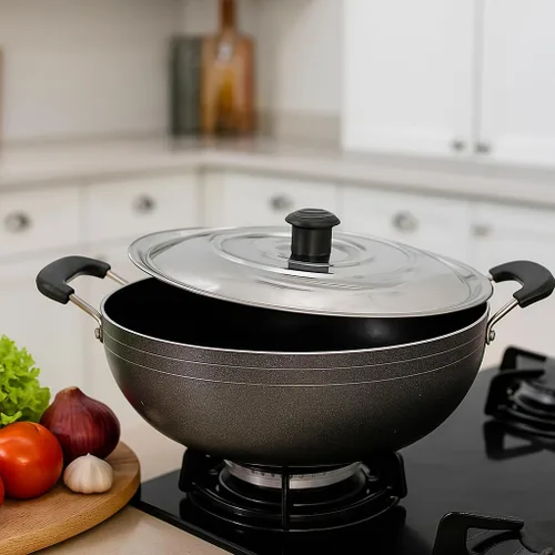 Miniatura 5 de DBY Kadai antiadherente con tapa de acero inoxidable de 2 litros de sartén profunda antiadherente Kadhai indio para curry, freír y salsa de gas