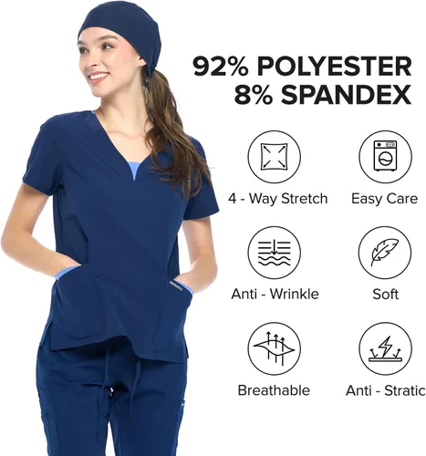 Miniatura 5 de Dagacci Medical Uniform Conjunto de ropa quirúrgica para mujer en 4 direcciones, red de contraste dividido y bolsillo
