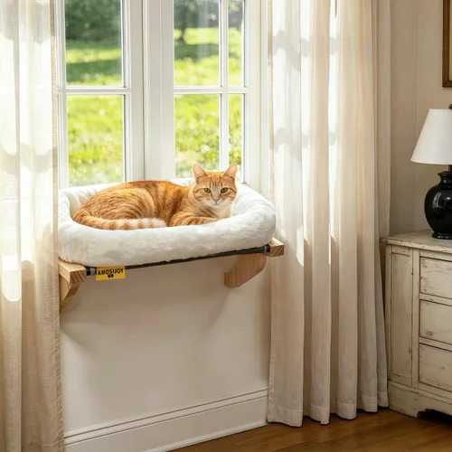 AMOSIJOY Percha de Ventana para Gatos Hamaca Resistente Asiento de Ventana con Funda de Cojín para Cama, Marco de Madera y Metal para Gatos Grandes,