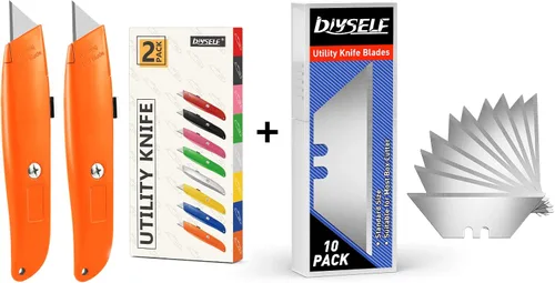 DIYSELF Paquete de 2 cortadores retráctiles con 10 hojas de cuchillo utilitario, cuchillas afiladas de acero SK5, cortadores de caja para cartón,