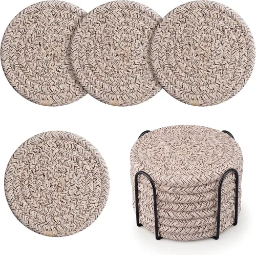 Miniatura 7 de Posavasos tejidos de algodón con soporte, juego de 8 posavasos absorbentes para protección de mesa, decoración del hogar, gafas, tazas, bar, regalo