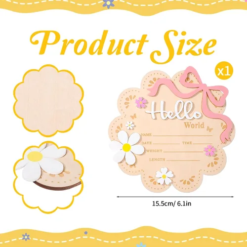 Miniatura 2 de Letrero de anuncio de madera para recién nacido, Butterfly Daisy Hello World Board, letreros de bienvenida para recién nacidos con decoraciones