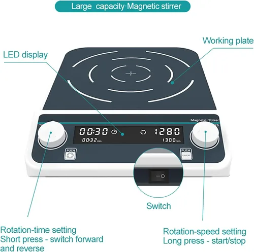 Miniatura 5 de Agitador magnético de laboratorio, agitador de pantalla digital LED, gran capacidad 10-50 L, fuerte fuerza magnética + hacia adelante y hacia atrás