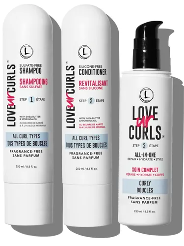Love Ur Curls Juego de champú y acondicionador sin fragancia con rizador todo en uno para cabello rizado, sistema de 3 pasos para reparar, 6.8 fl oz
