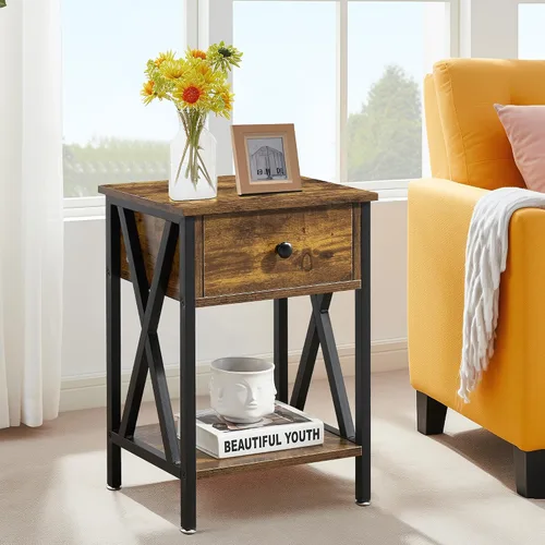 Miniatura 2 de VECELO - Mesita de noche moderna, mesa auxiliar de cabecera con cajón y estante de almacenamiento para sala de estar y dormitorio, marco de metal