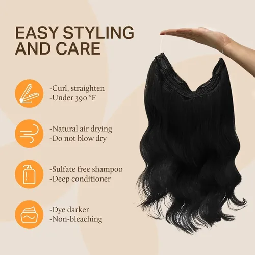 Miniatura 5 de DOORES Extensiones de cabello con alambre, 18 pulgadas, 95 g, extensiones de cabello Remy de color negro azabache con alambre invisible, línea