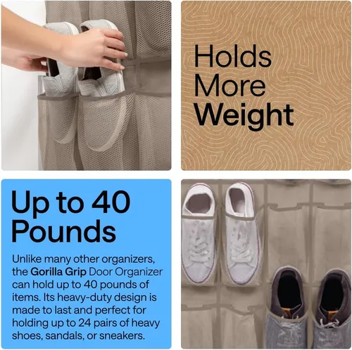 Miniatura 3 de Gorilla Grip - Zapatero para colgar en la puerta, 24 bolsillos de malla para sostener hasta 40 libras, organizador para parte trasera del armario