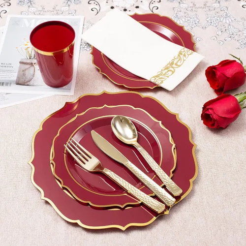Miniatura 8 de Platos desechables burdeos - 50 platos de plástico granate, juego de vajilla de plástico rojo, 25 vasos de 10 onzas, 75 cubiertos dorados, 25 Borgoña