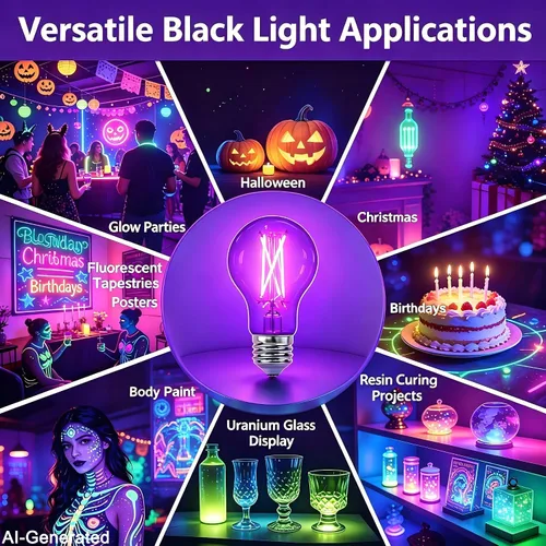 Miniatura 5 de TITO Paquete de 8 bombillas LED negras de filamento regulable E26 A19, UVA 395 nm, 6 W, equivalente a 100 W, bombilla negra que brilla