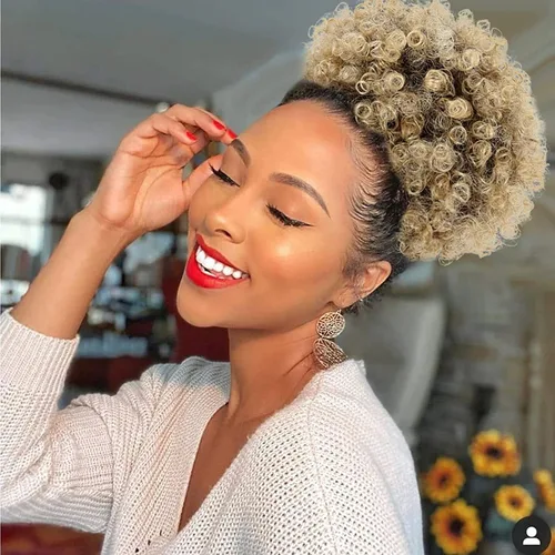 THEMIS HAIR Extensiones de cabello de cola de caballo afro con cordón y clip, cabello natural, moño rubio, extensiones de cabello corto y rizado 613#