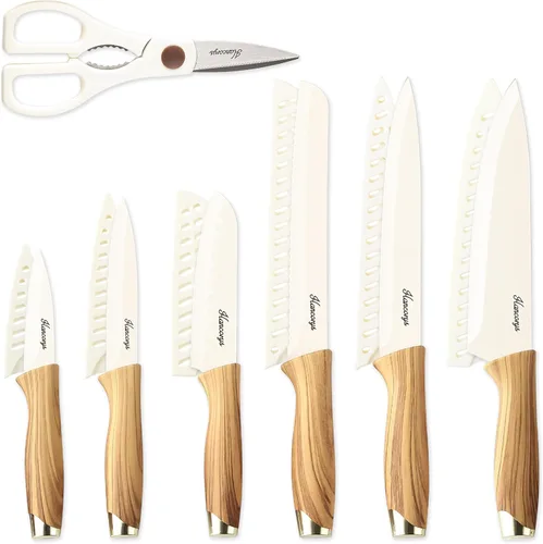 Juego de cuchillos Hancorys, juego de 13 piezas de cuchillos de cocina, revestimiento antióxido de cerámica antiadherente y protector de hoja,