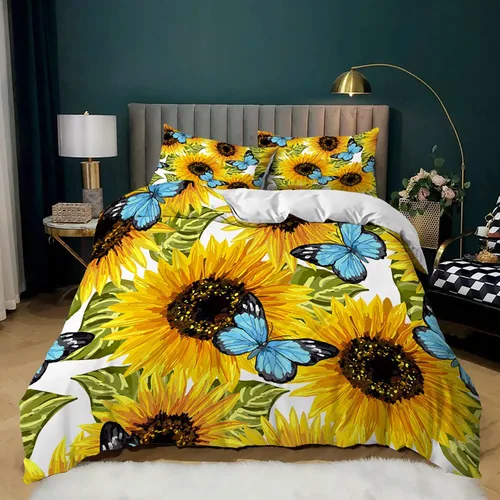 AILONEN Juego de funda de edredón de girasol, juego de ropa de cama de girasol floral amarillo, tamaño matrimonial, funda de edredón con estampado