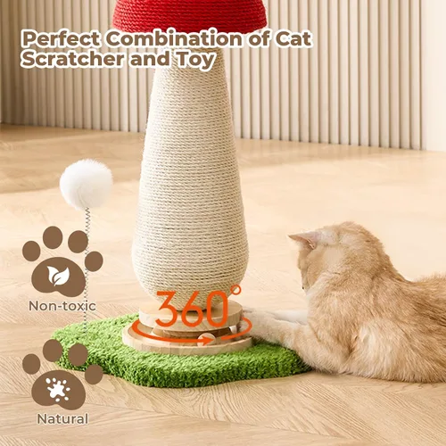 Miniatura 4 de Poste rascador de hongos para gatos con pista interactiva de bolas de resorte para gatos, árbol rascador de sisal de 21.2 pulgadas para gatos de Rojo