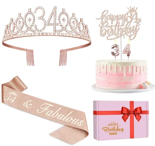 Miniatura 17 de Decoraciones de cumpleaños de 24 años para mujeres, incluyendo banda de cumpleaños, tiara/corona, velas numéricas y decoración de pastel, regalos