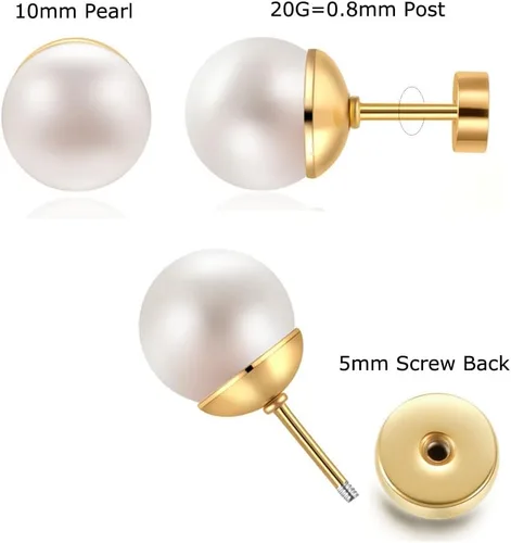 Miniatura 2 de Pearl Stud Earrings for Women,Flat Screw Back Pearl Helix Earrings Cartilage Earrings 316L Surgical Steel Piercing Jewelry Gift(7,8,9,10mm Pearl)