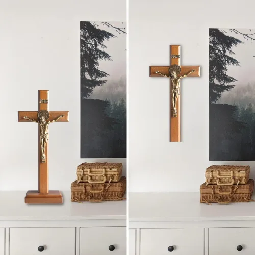 Miniatura 6 de KUXBET Cruz Crucifijo Católica de 10.7 Pulgadas de Madera con Jesucristo Cruz de Pared con Soporte, para Colgar o Mesa con Soporte para Decoración