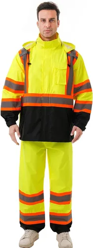 Miniatura 16 de Chaquetas de lluvia reflectantes para hombre impermeables, abrigo de seguridad Hi Vis con tiras reflectantes, chaquetas de lluvia de alta Naranja02