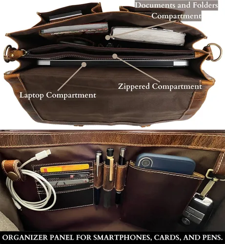 Miniatura 5 de RUSTIC TOWN Bolso de mensajero de cuero hecho a mano para hombre, bolso de mensajero para portátil de 16 pulgadas