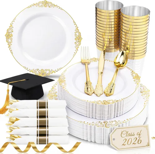 Nervure 350 platos de plástico dorados, juegos de vajilla de plástico dorado para 50 invitados, 100 platos desechables, 150 cubiertos, 50 tazas, 50