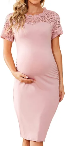 guruixu Vestido ajustado de maternidad con cuello de encaje floral, vestido de maternidad para baby shower, sesión de fotos causal