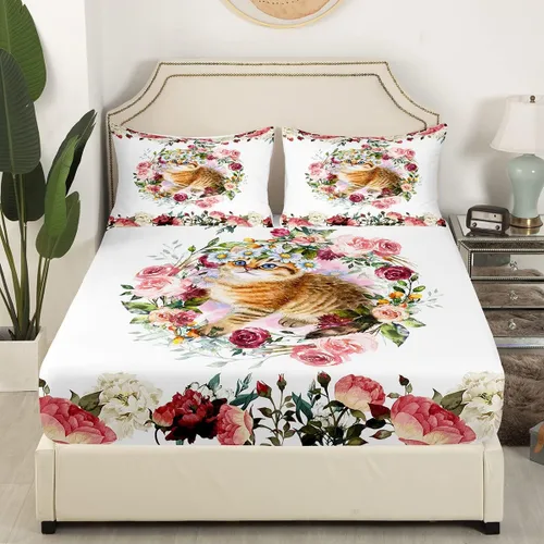 Miniatura 3 de Erosebridal Juego de sábanas de tamaño individual con diseño de gatos y gatos, con temática de animales, con flores coloridas, juego de sábanas