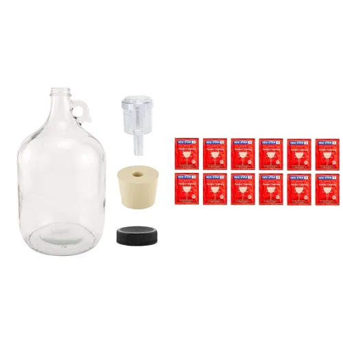 North Mountain Supply Jarra de fermentación de vidrio de 1 galón, 2 piezas Airlock, tapa de plástico negro, juego de 1 y levadura de vino RS-PC-12