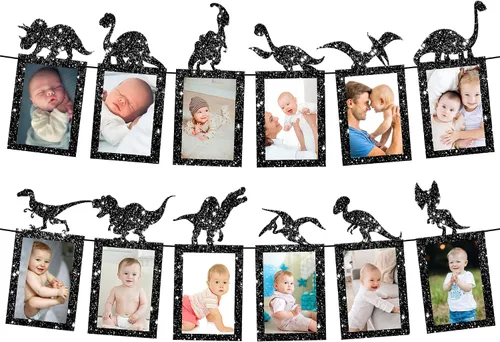 KatchOn Cartel de fotos de dinosaurio negro con purpurina, 10 pies, pre-encordado, decoración de dinosaurio, accesorios de fotos para decoraciones