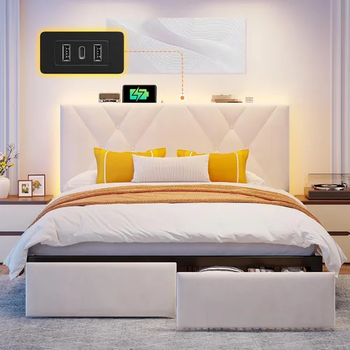 EnHomee Marco de Cama Queen con 2 Cajones, Cabecera Tapizada con Estación de Carga, Marco de Cama de Terciopelo Acolchado y Luces LED, No Necesita